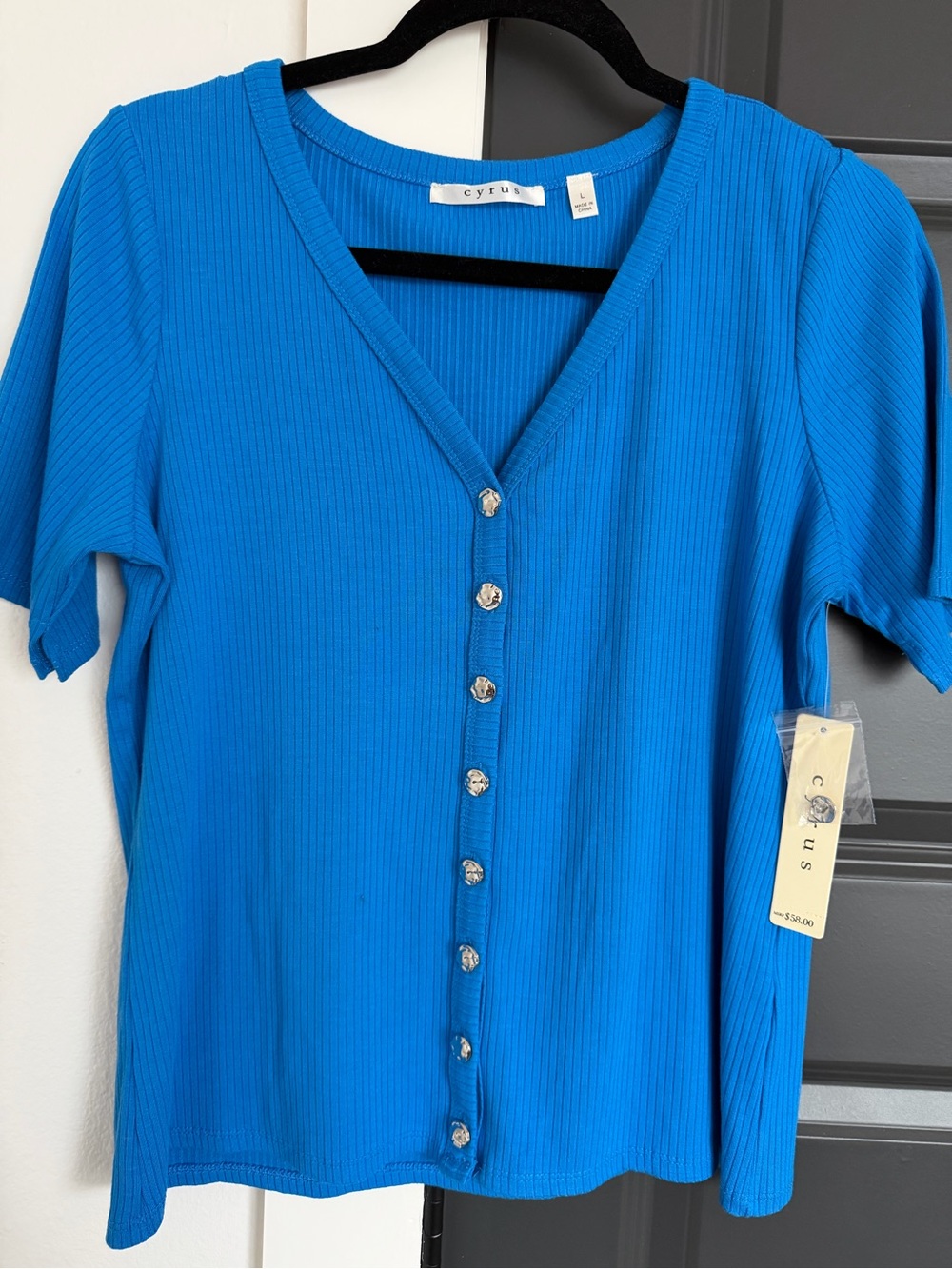 Cyrus Bright Blue Ribbed Button-Front Top - Picture 4 of 4
